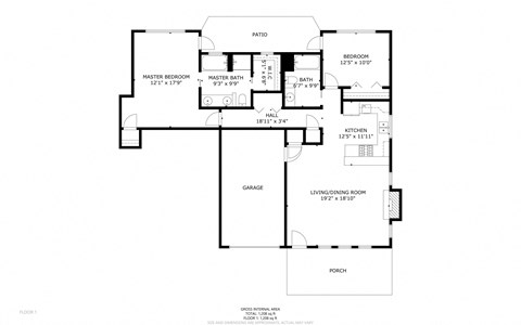 Floor plan for 2 beds, 2 baths, 1267 sqft